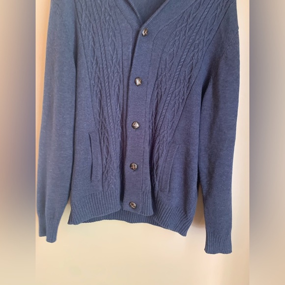 Roundtree & Yorke navy blue Cable Knit Sweater cardigan leather buttons collared - Picture 5 of 8